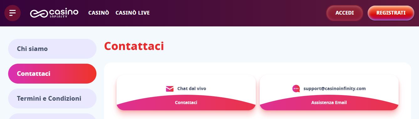 Contatta il supporto tramite live chat o email